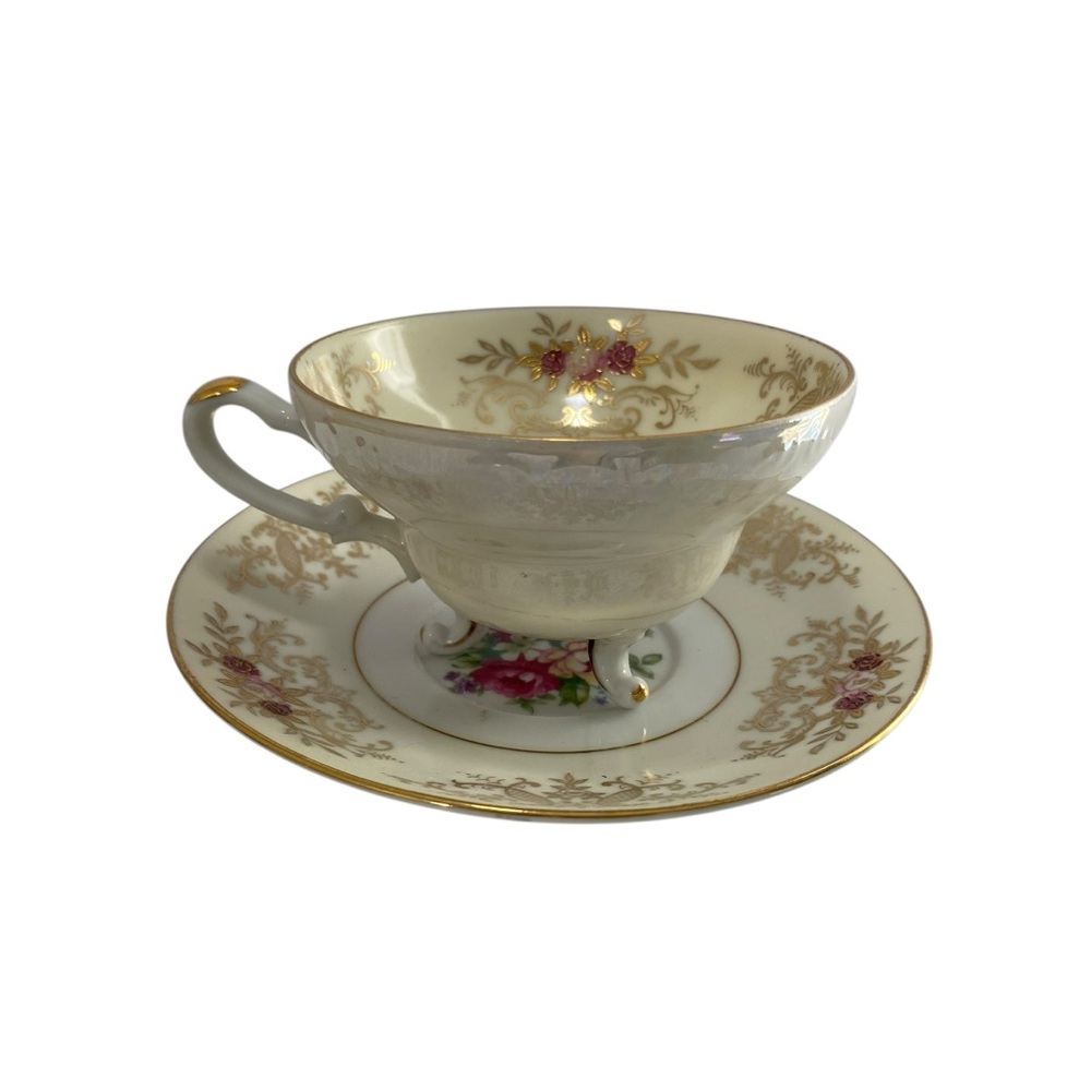 Vintage Footed Tea Cup Saucer Del Mar Hand Painted Floral Design 24K Gold Trim
